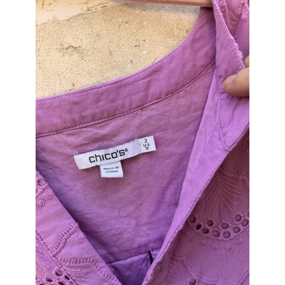 Chico's Popover Shirt dress Womens US 12 Lavender Purple Eyelet Scalloped Lined - Picture 3 of 4
